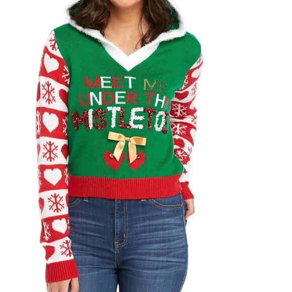 Meet Me Under The Mistletoe Hooded Ugly Christmas Sweater Size M Medium - Picture 1 of 8